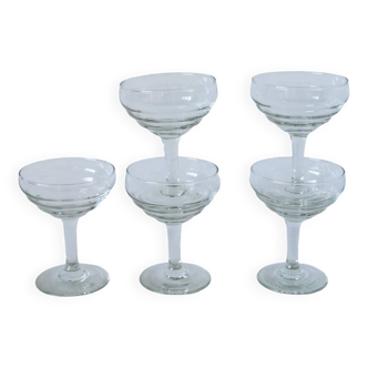 Set of 5 molded glass champagne glasses 1950