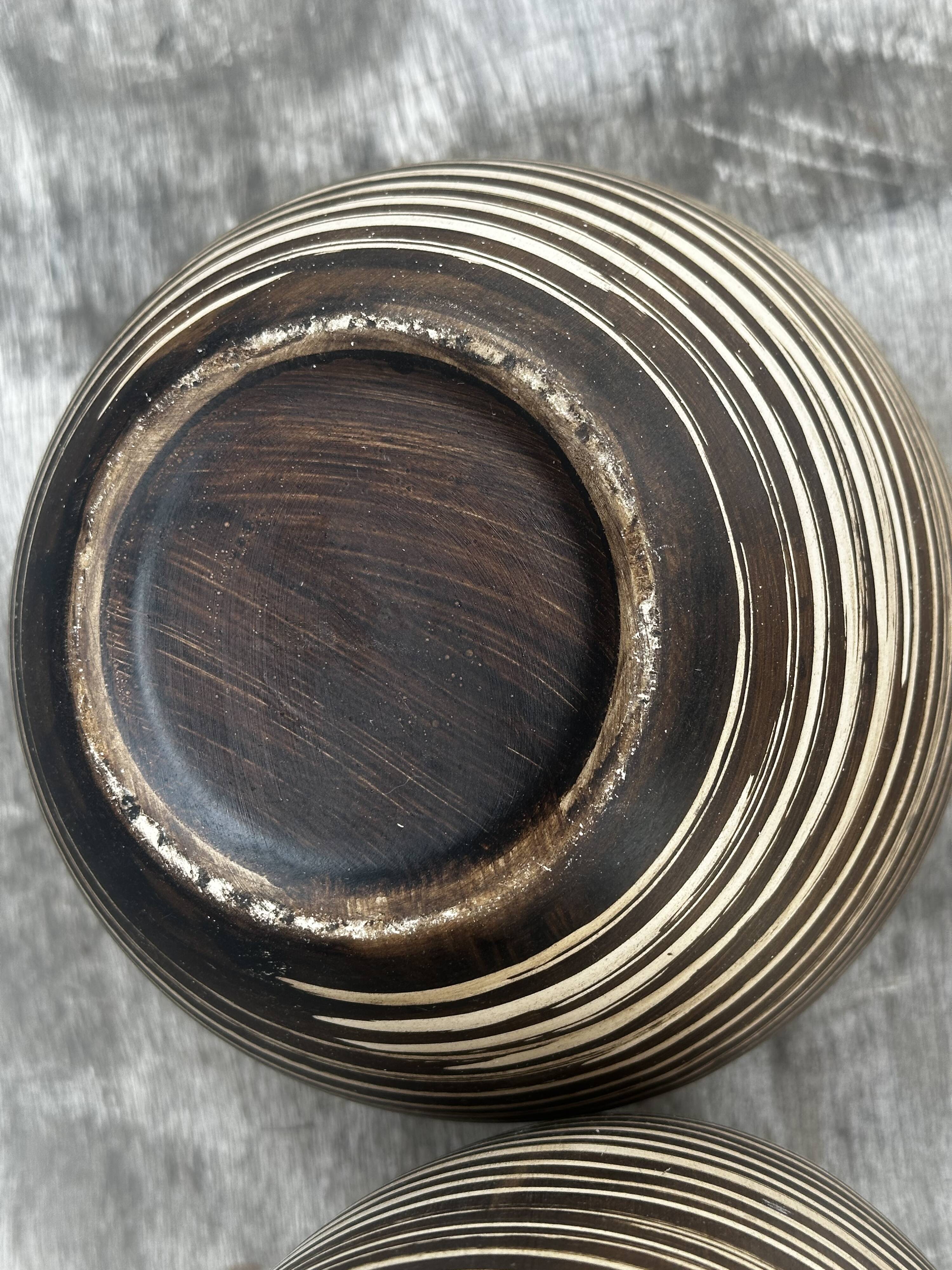 Two Vintage Ethnic Ceramic Vases in Cream and Brown Striped