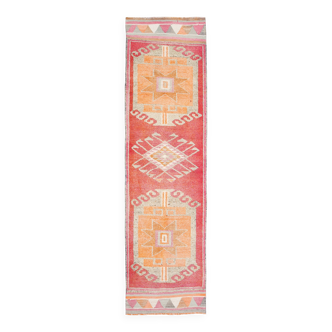 Tapis de couloir turc rouge en laine fait main, 96 x 337 cm, motif carreaux