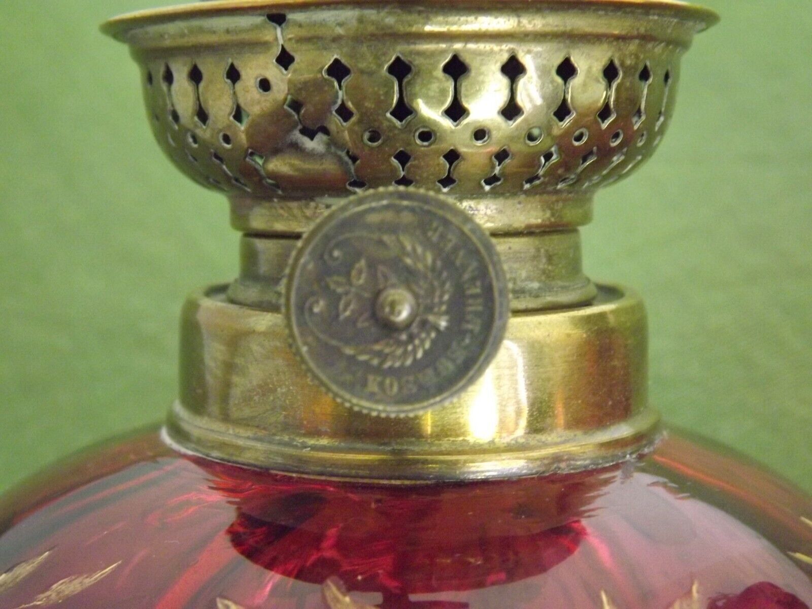 2 French Antique Cranberry Glass Oil Lantern Reservoirs Etched Gold Flowers 3984