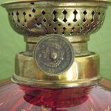 2 French Antique Cranberry Glass Oil Lantern Reservoirs Etched Gold Flowers 3984