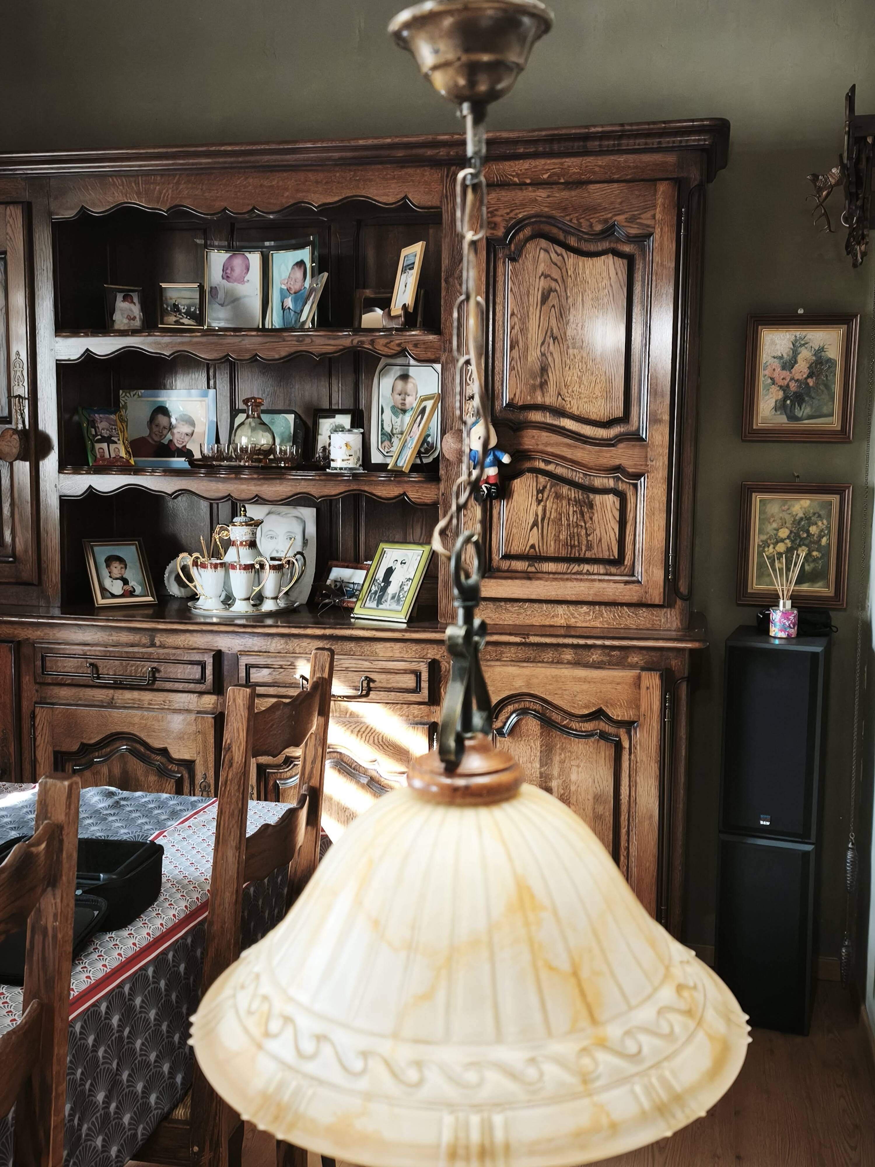 Vintage honey marbled glass pendant light with patinated metal – 1990s