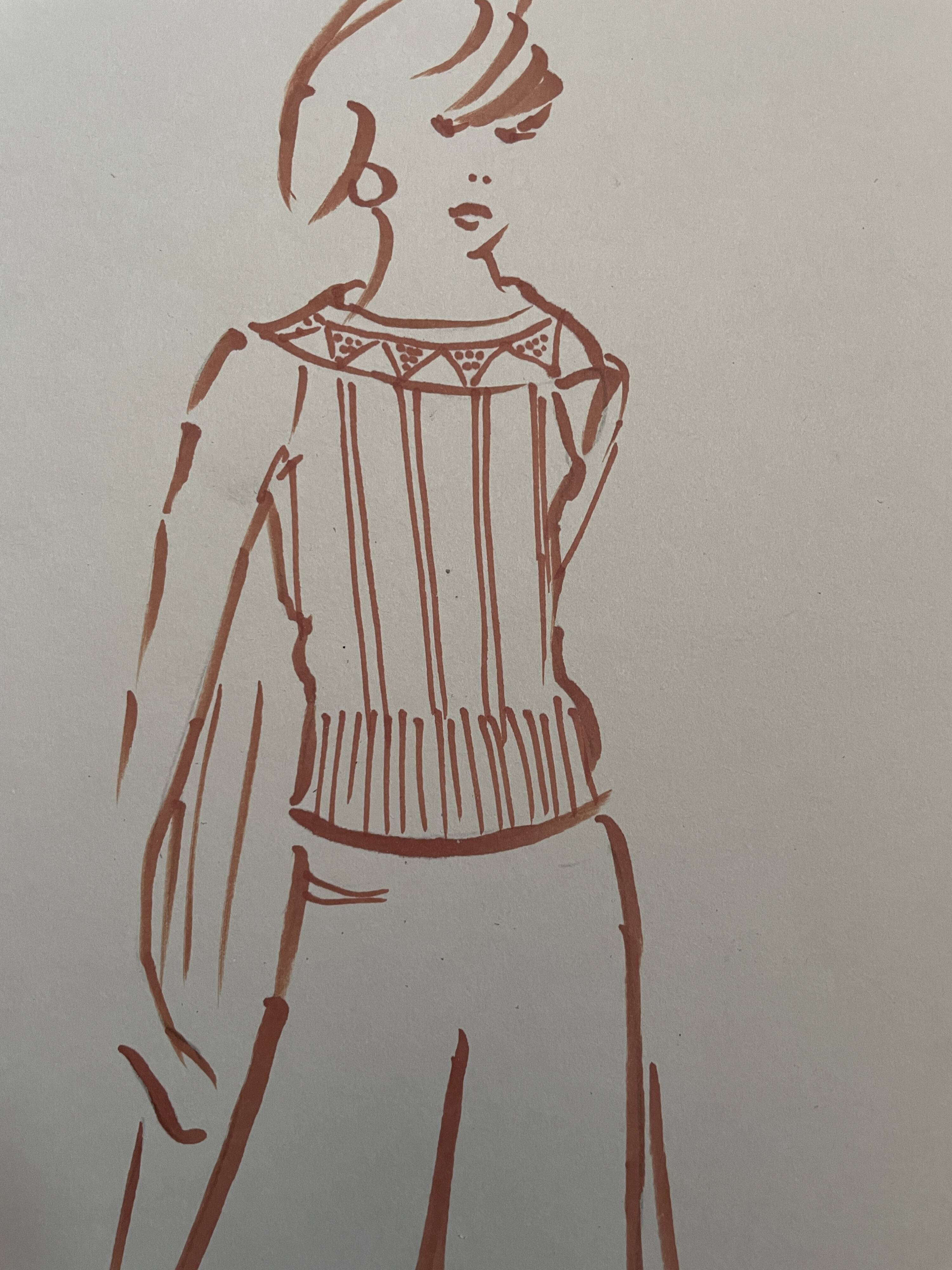 Painting signed in ink fashion engraving "study of a woman's sweater model"