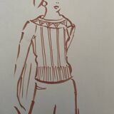 Painting signed in ink fashion engraving "study of a woman's sweater model"