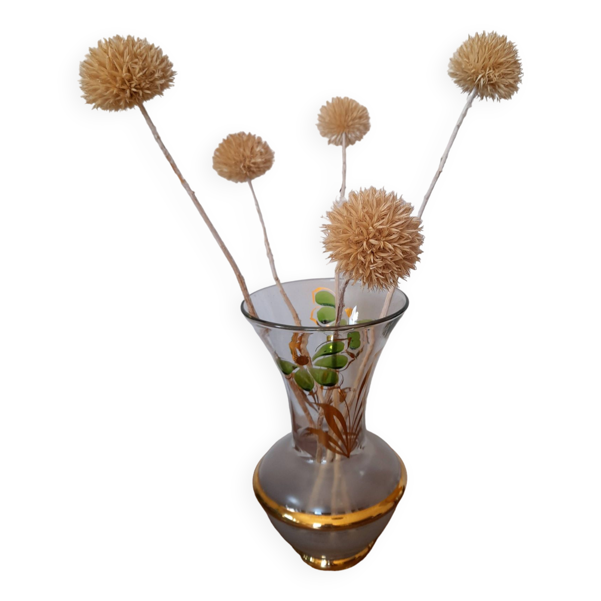 Old glass vase with gilding and Art Deco painted flowers