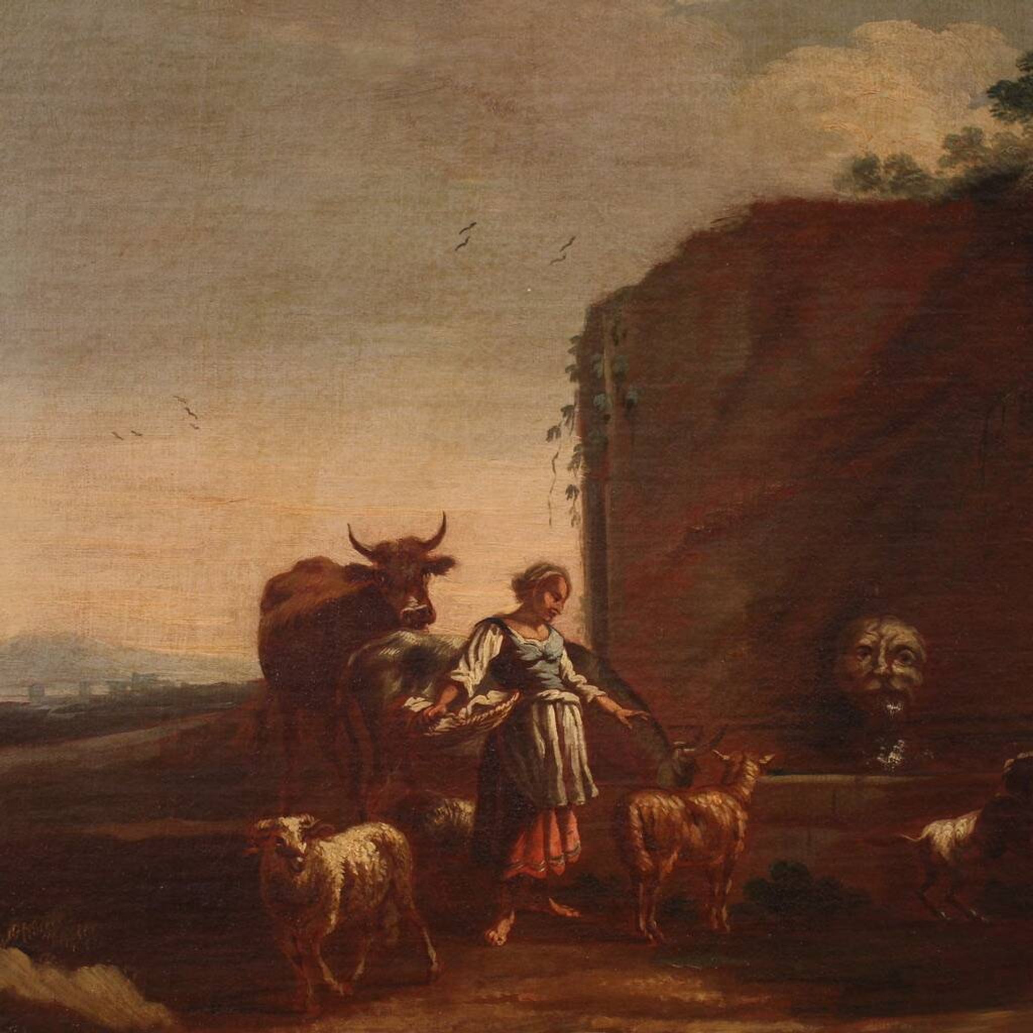 17th century bucolic landscape painting with figures, pastoral scene
