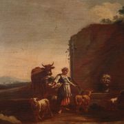 17th century bucolic landscape painting with figures, pastoral scene