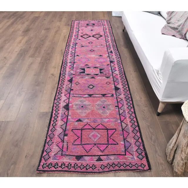 Vintage Pink Geometric Turkish Hand-Knotted Runner 80x337