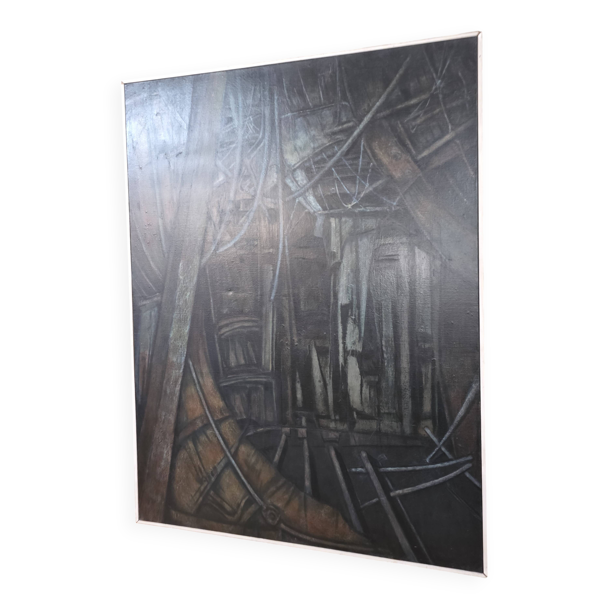 Oil painting on canvas of the interior of a boat from the 50s/70s