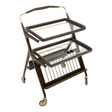 Chariot de bar Cesare Lacca en noyer et laiton, style moderne du milieu du siècle, par Cassina