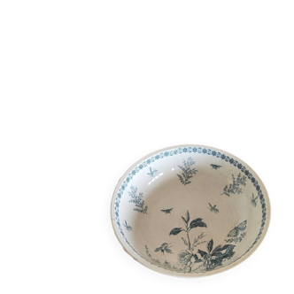 Large antique white salad bowl with blue patterns in Églantine Boch ceramic.