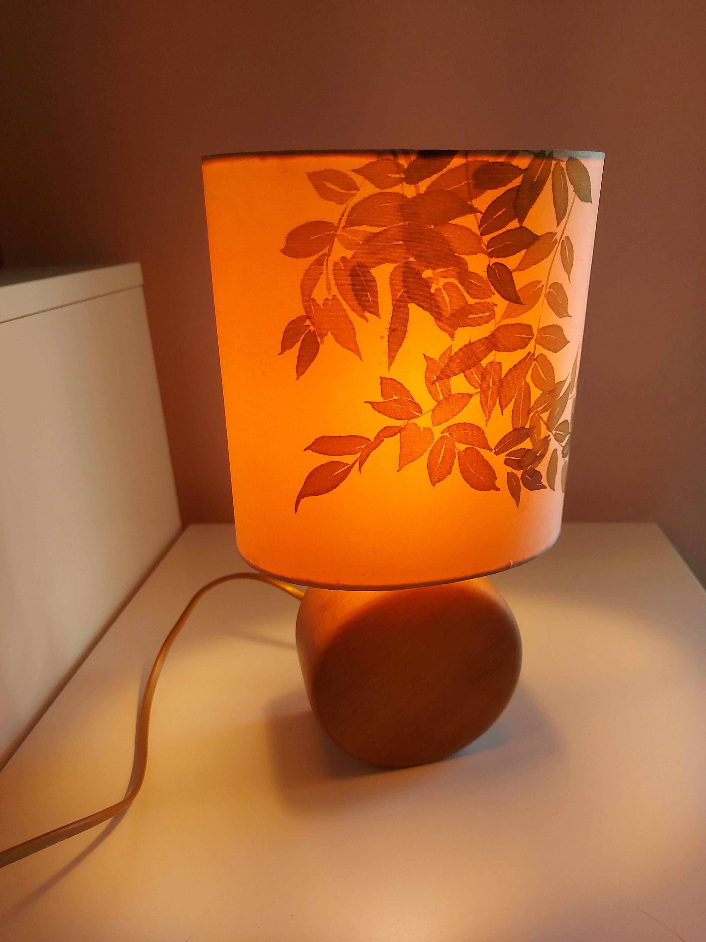 Wooden lamp with silk lampshade, hand painted, signed