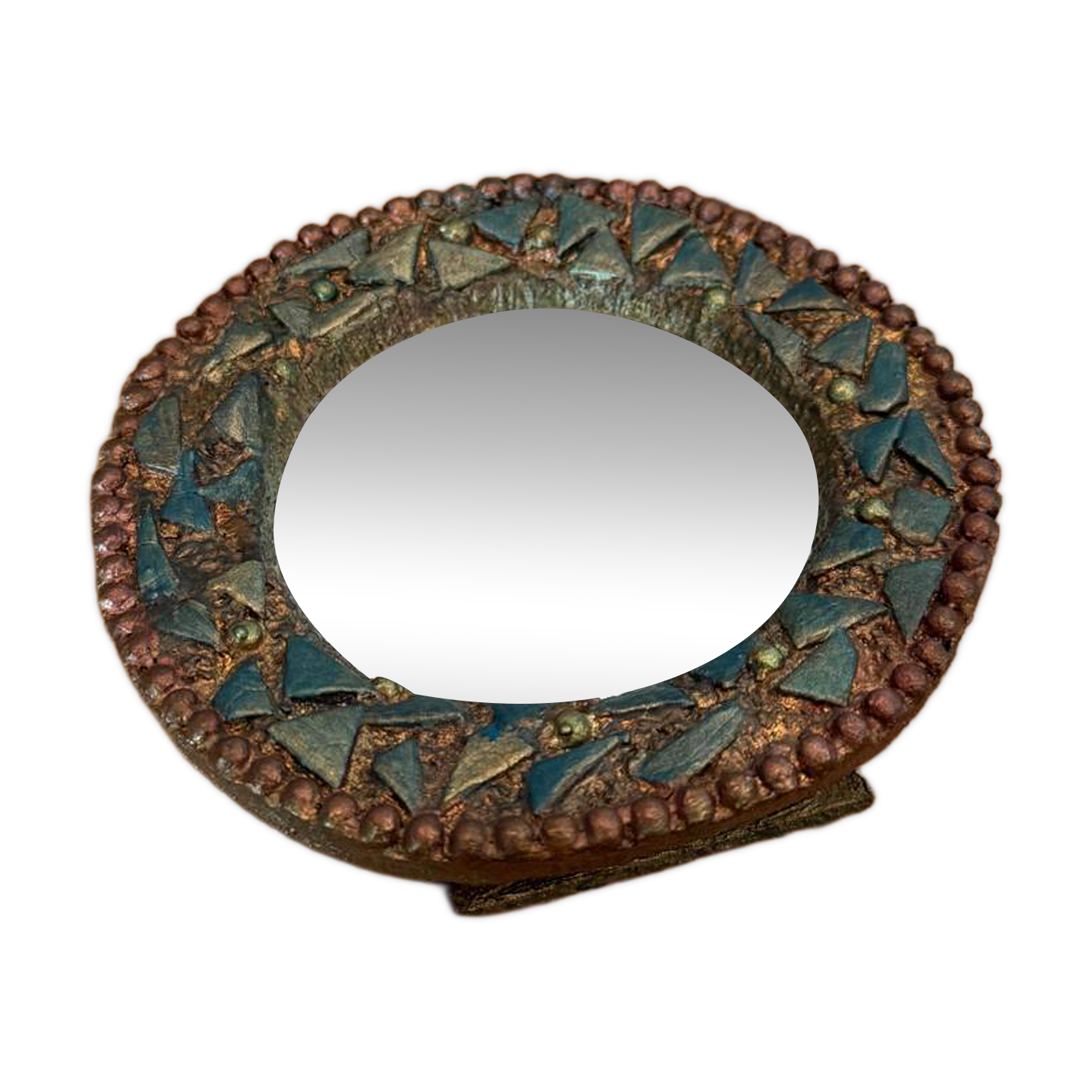 Round mirror in gilded enamelled ceramic with inlay
