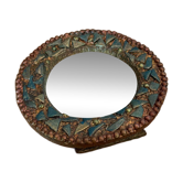 Round mirror in gilded enamelled ceramic with inlay