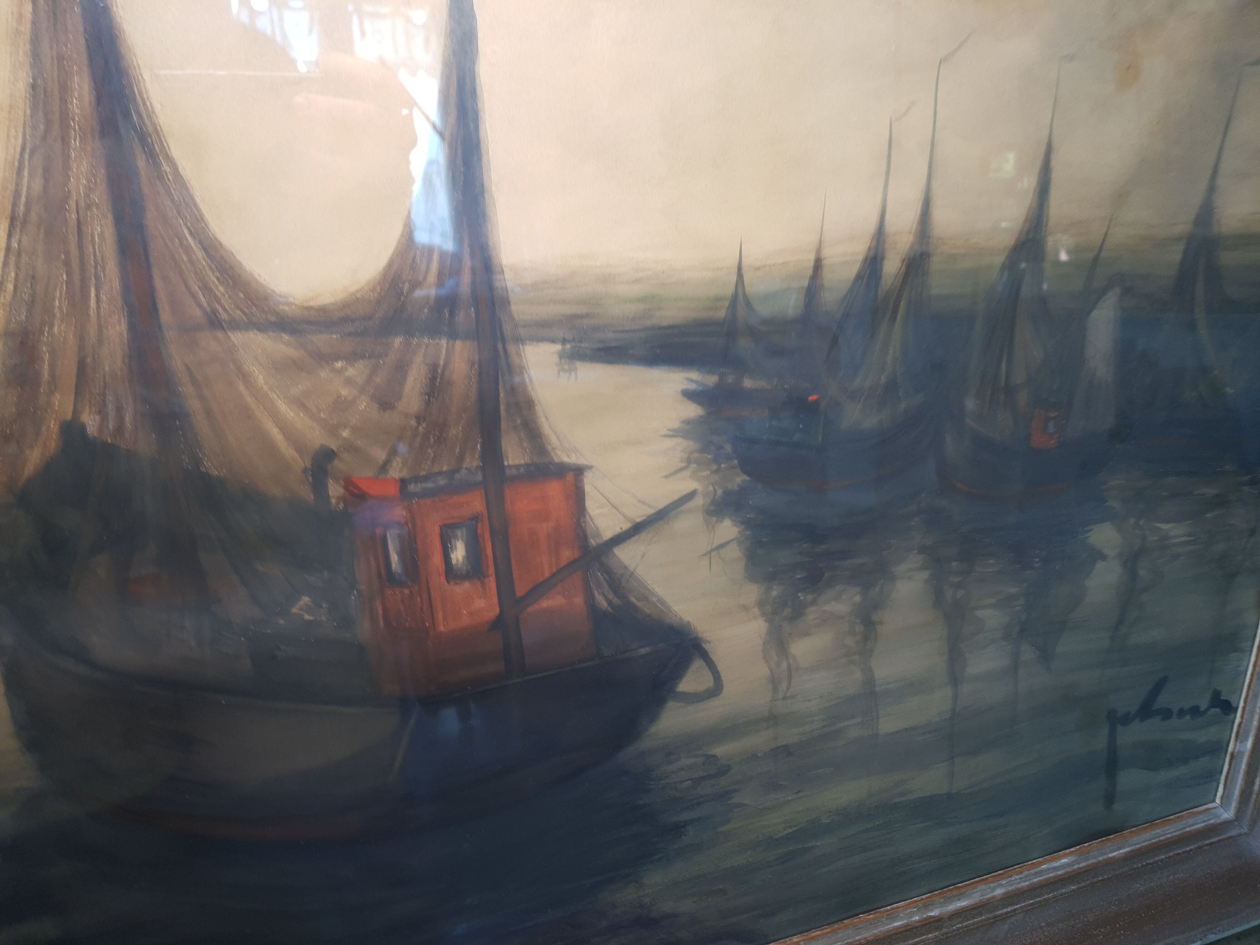 Peinture vintage bord de mer chalutiers