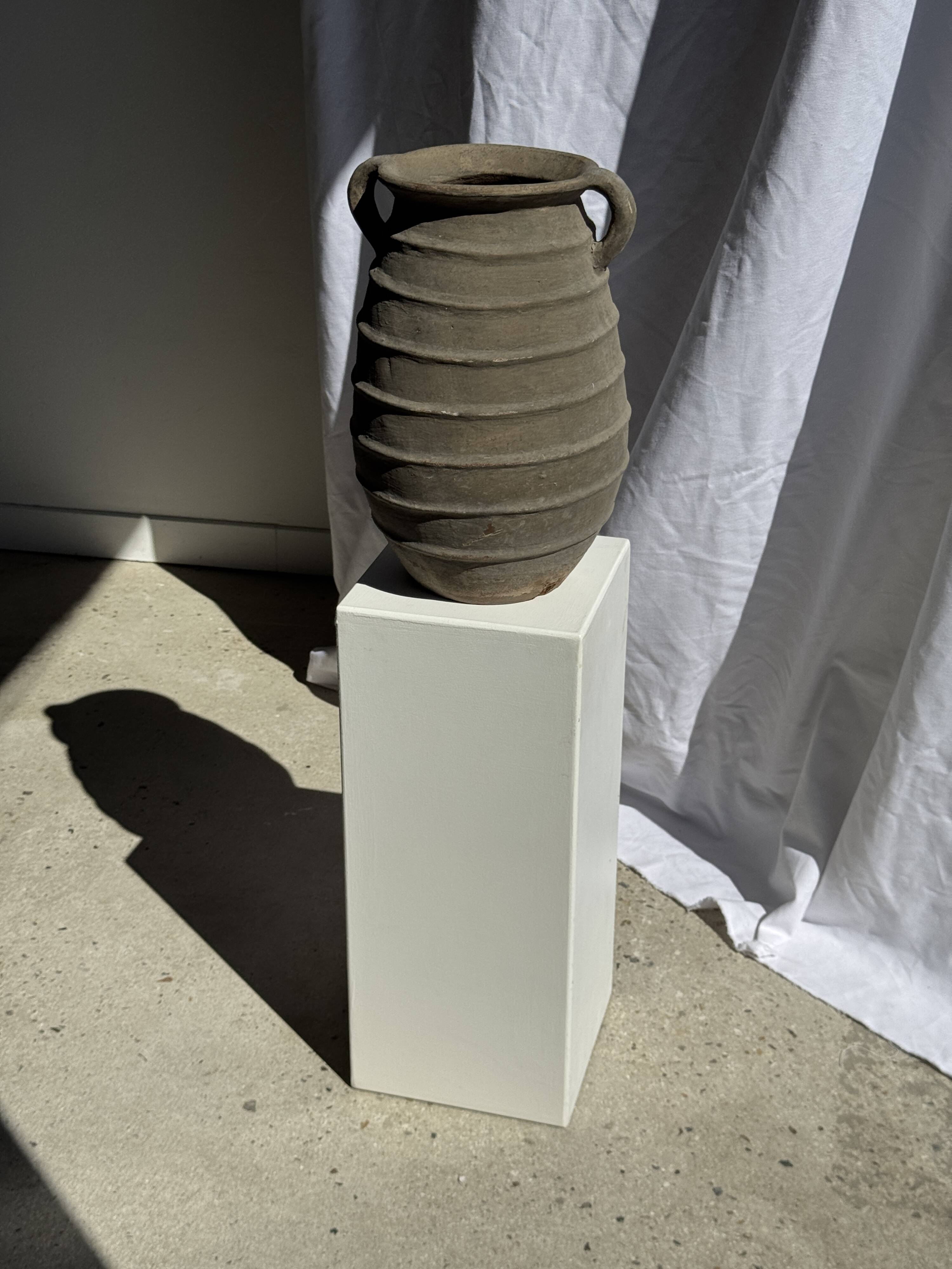 Large oval vase with double handles, featuring raised grey-beige stripes, H42 D28.