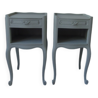 2 Louis XV style bedside tables re-enchanted in gray green.