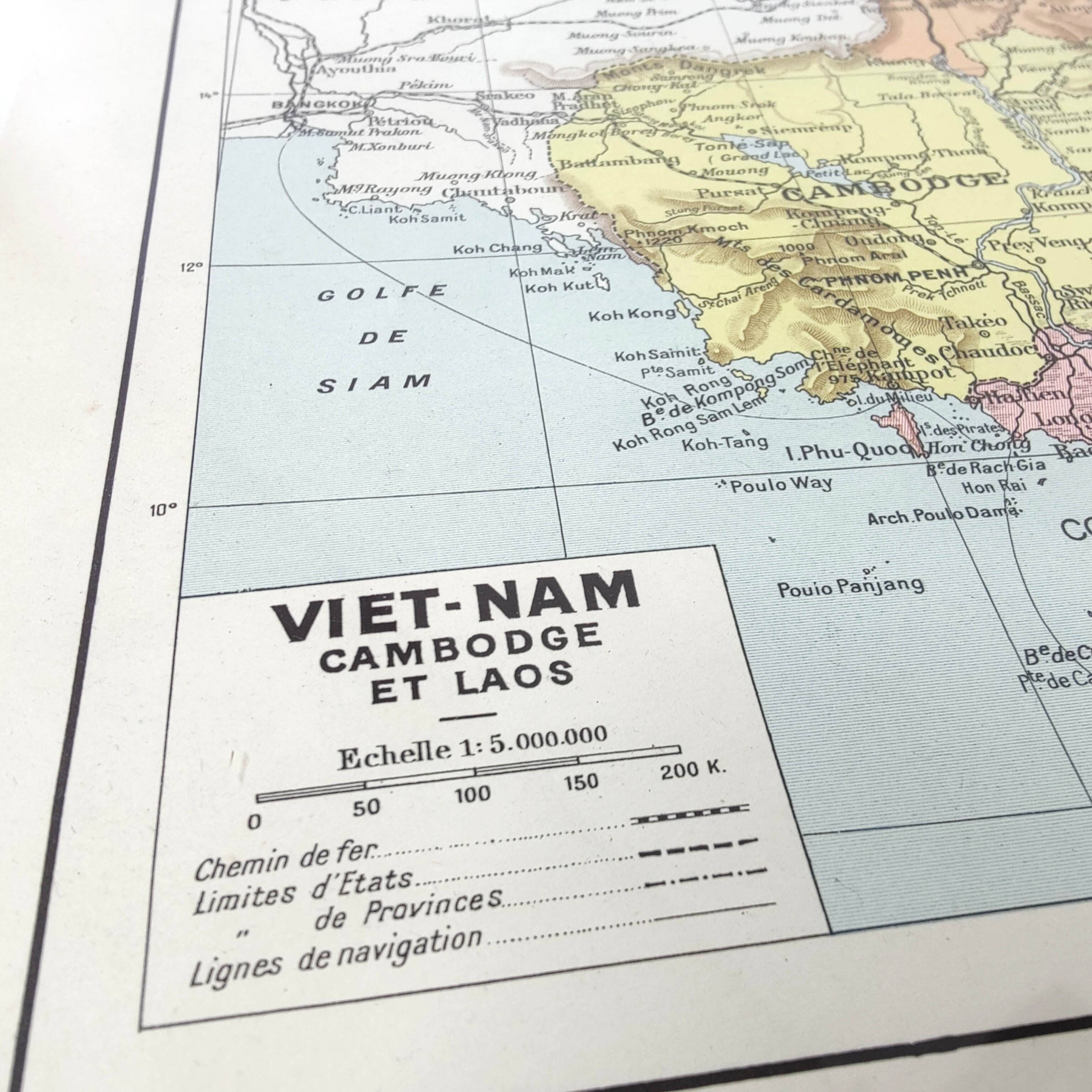 Old map Vietnam Laos Cambodia Asia 43x43cm from 1950
