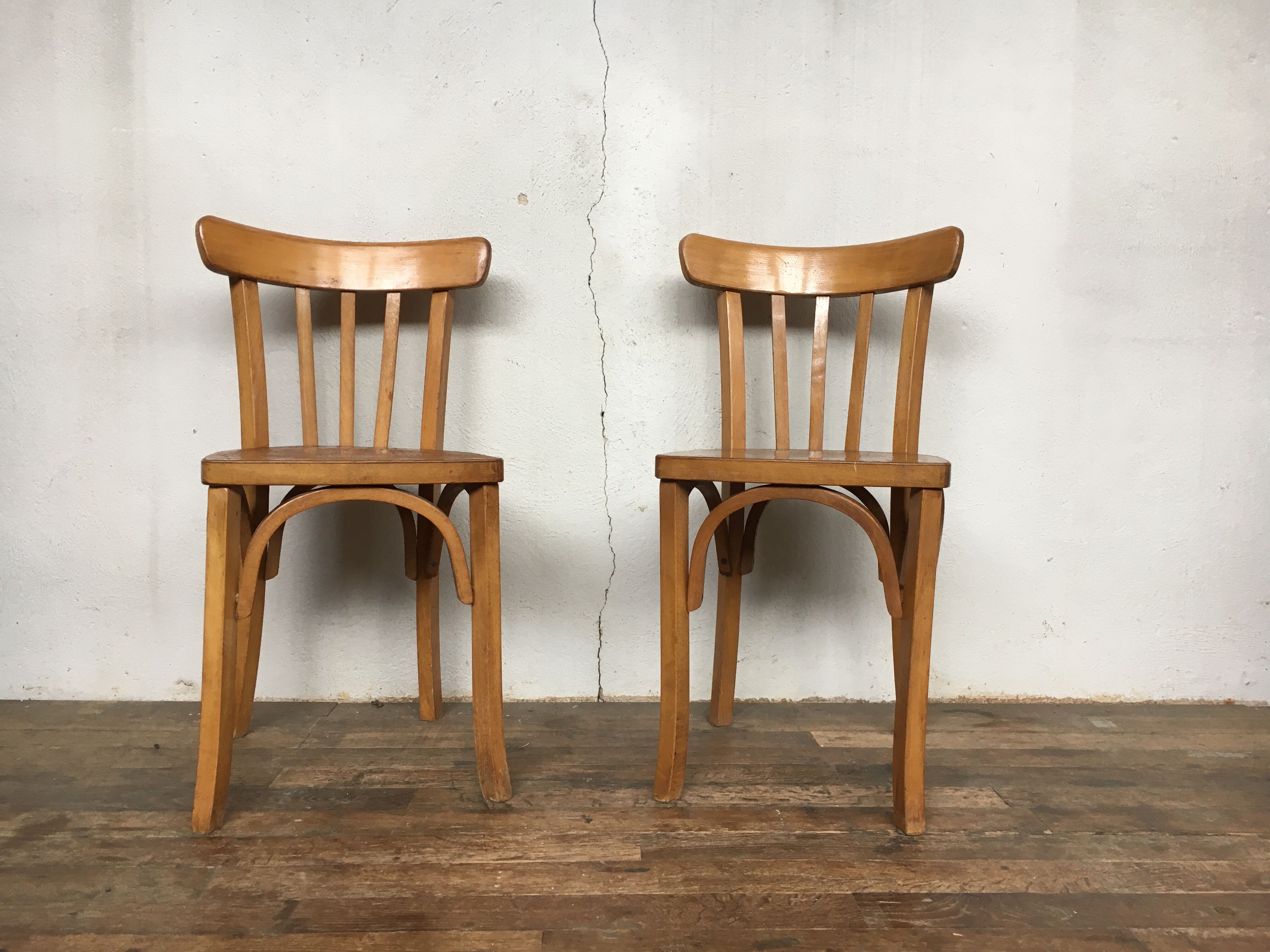 Pair of bistro and bohemian beech vintage chairs 1950