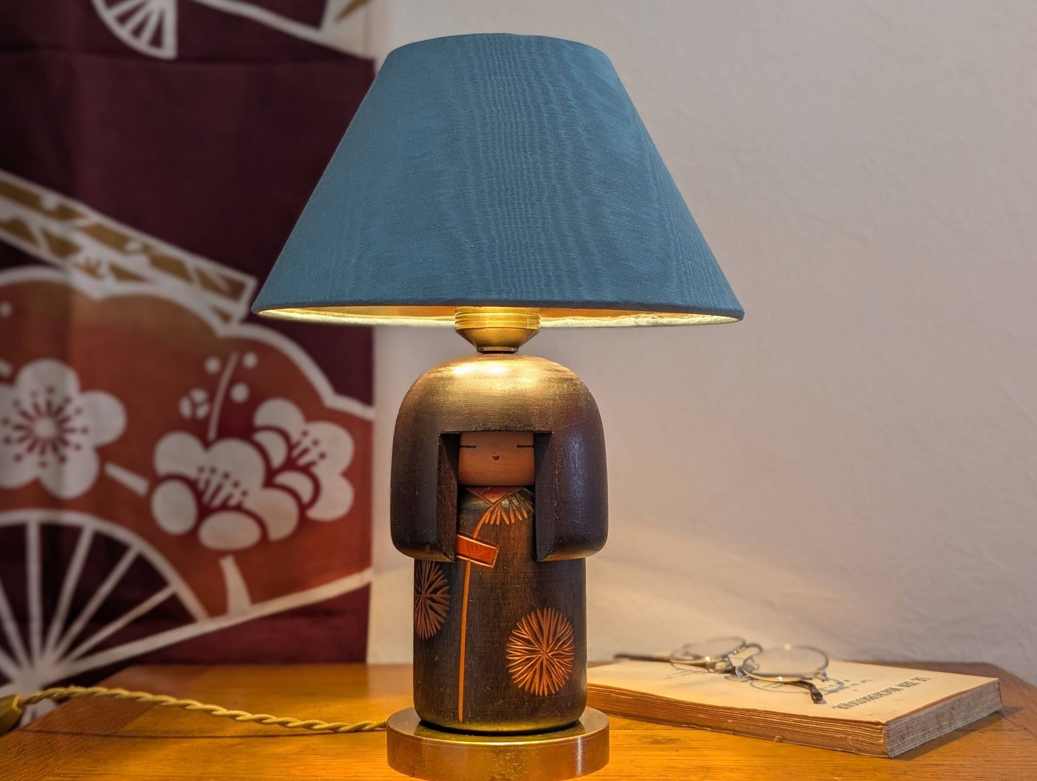 Vintage handcrafted lamp with Japanese Gunma Kokeshi doll (signed Sansaku Se