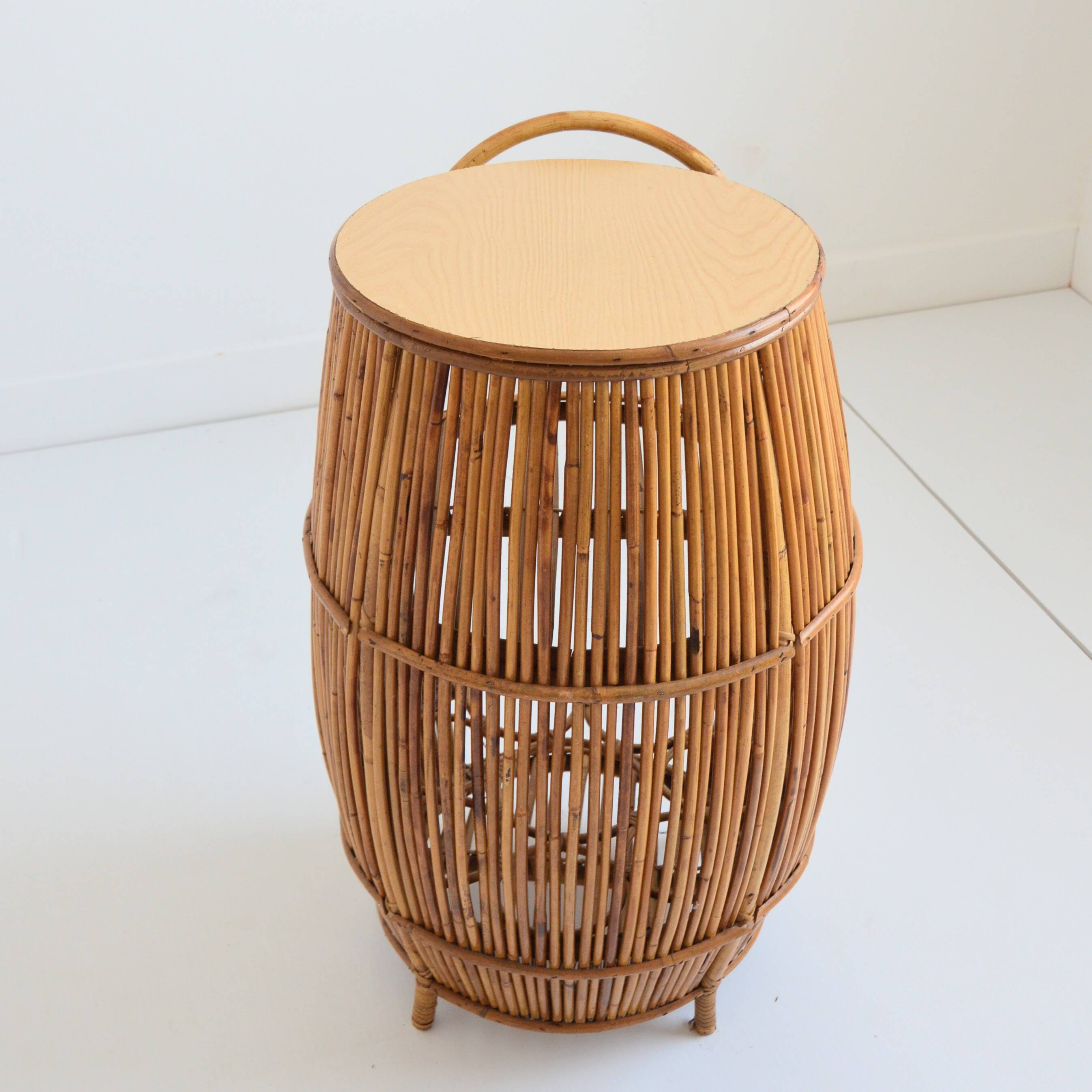 Small barrel-shaped bar cabinet in bamboo and rattan, Italy, 1960s