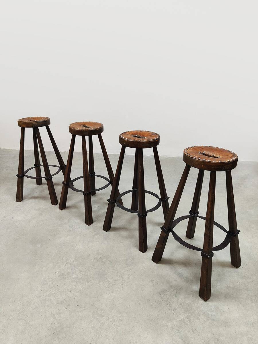 Vintage Spanish leather barstools 'Brutalism'