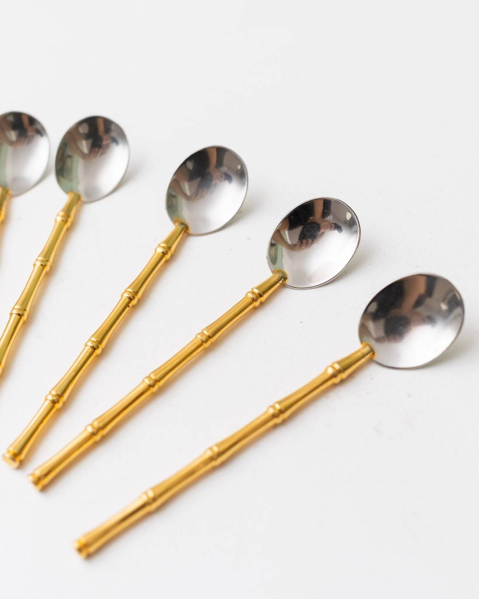 Two-Tone Gucci Bamboo Spoons Set - Gold-Plated Handles, Silver Bowls, Vintage 1970s Mid-Century Design