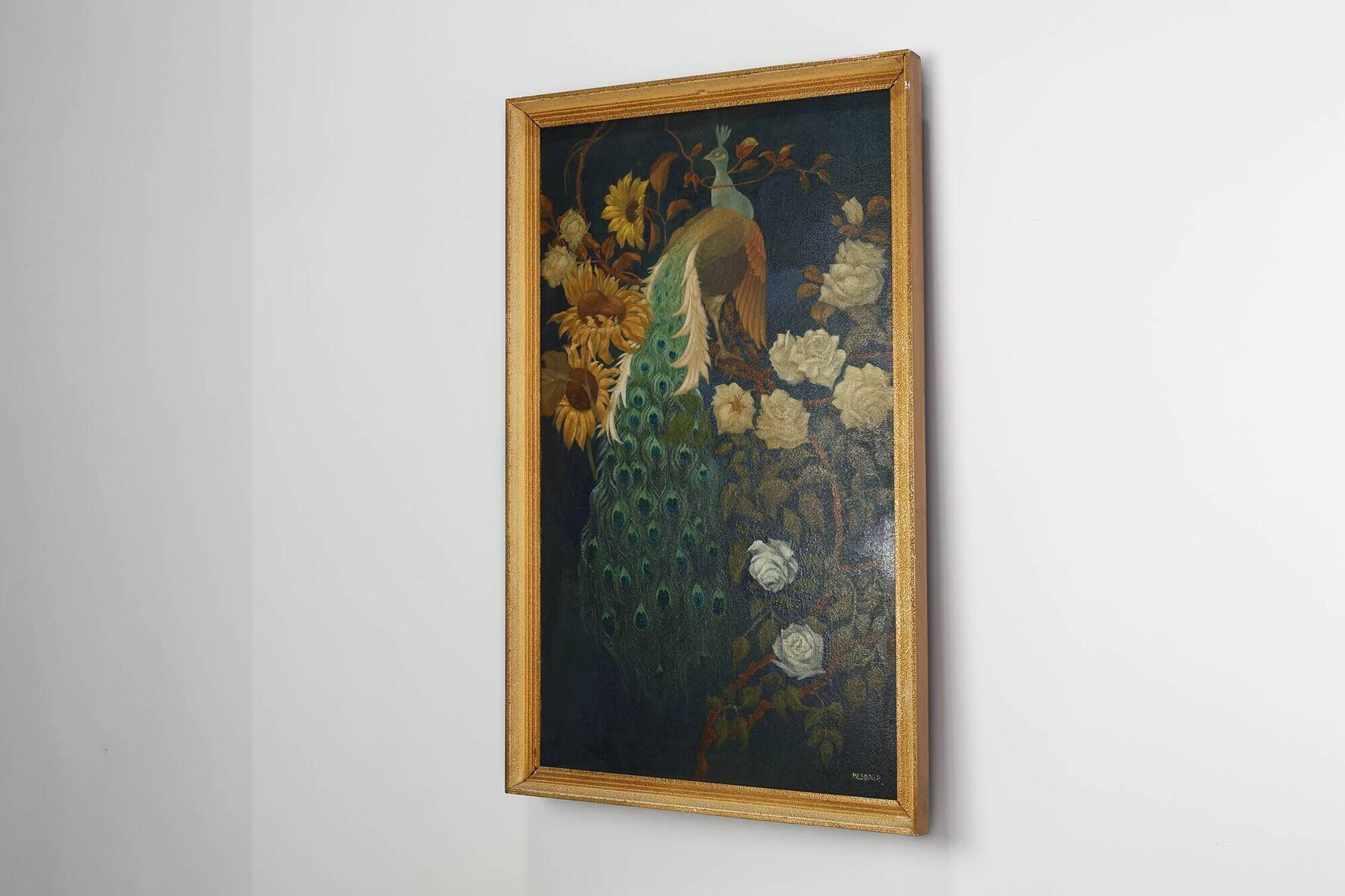 Signed Hollywood Regency style Painting of a Peacock with Roses, Belgium