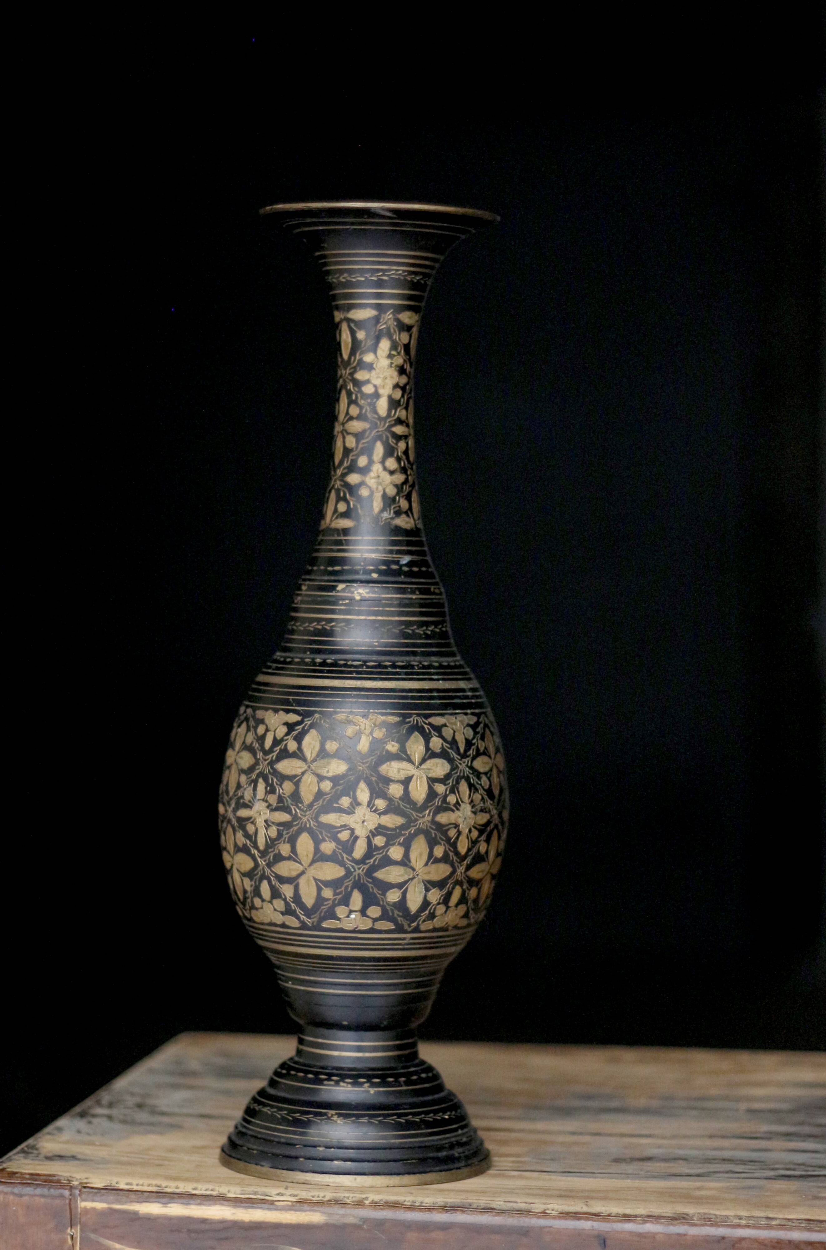 Indian copper vase. Beautiful "grotesque" decoration.
