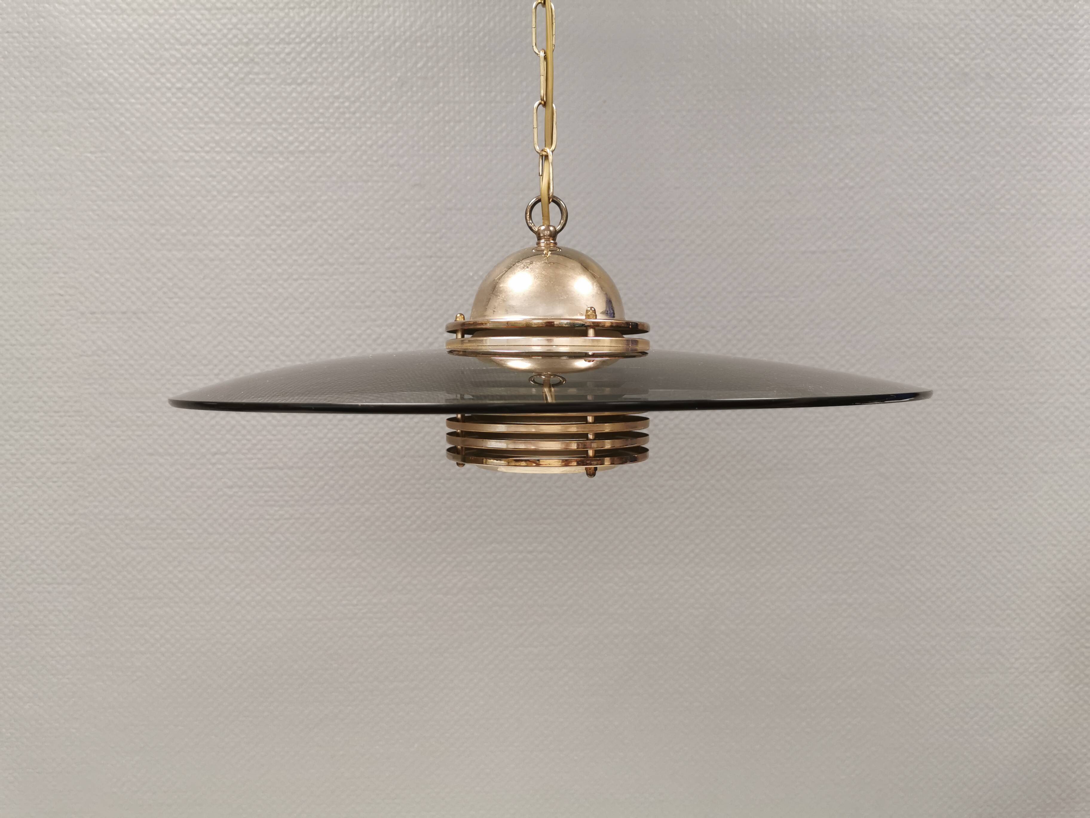 Original Belid T 391 pendant light in gold-coloured metal and smoked glass