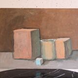 Geometric still life, brown tones and vintage pastels