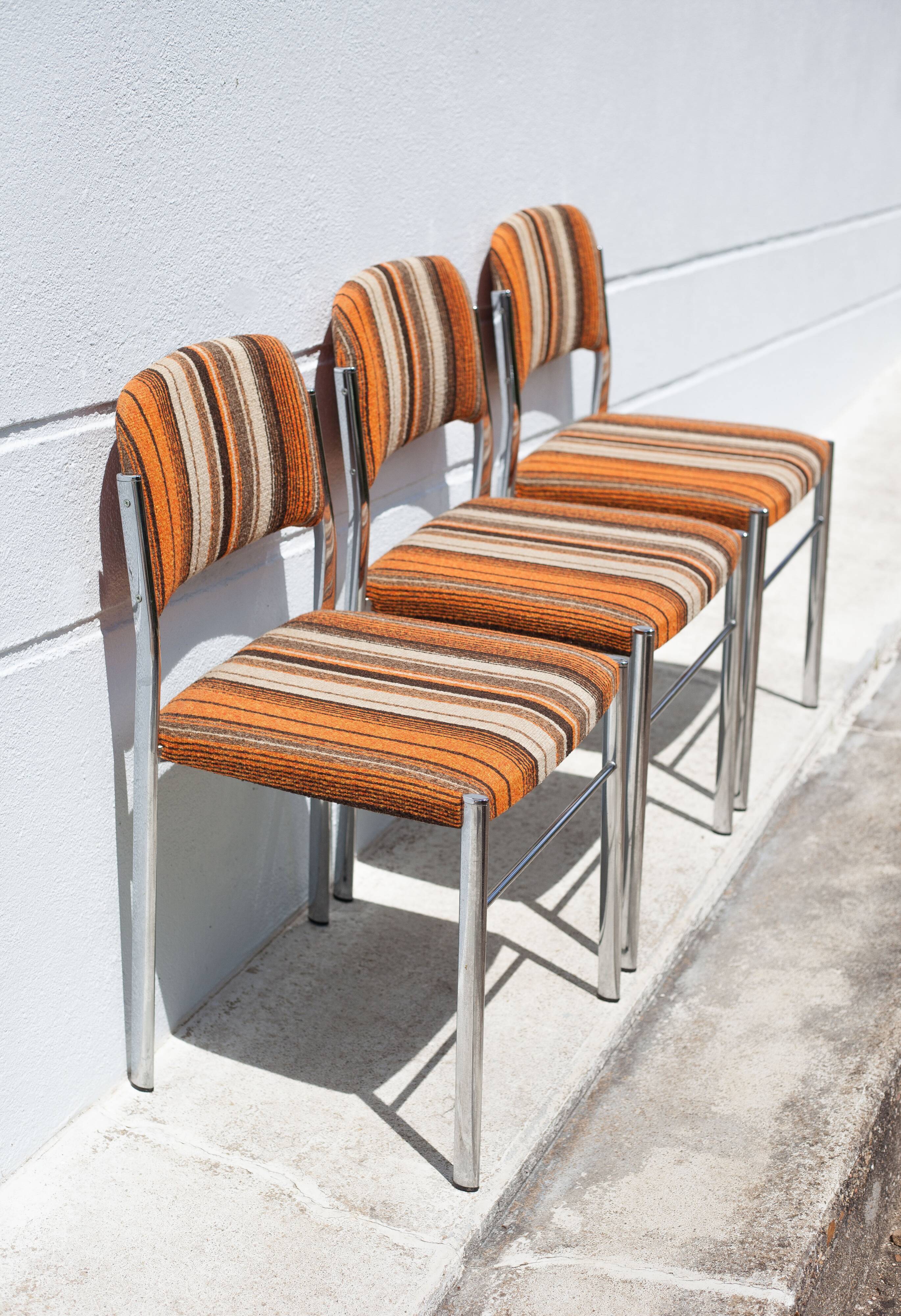 Lot 3 chairs vintage fabric, chrome metal chair, orange/brown/beige wool fabric, retro