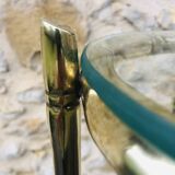 Vintage faux bamboo pedestal table in brass with 2 glass shelves