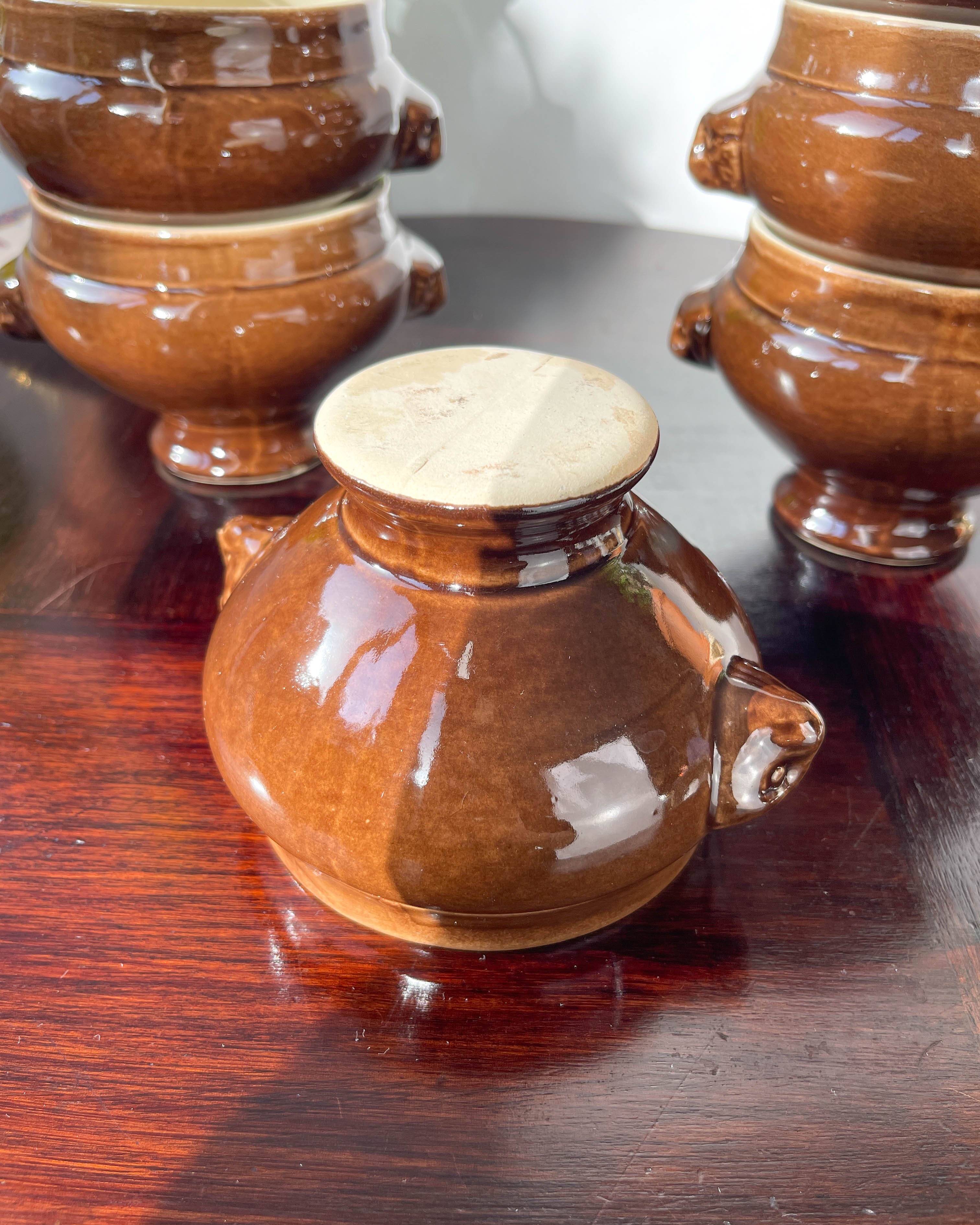 6 Lion's Head bowls in bi-colour brown and cream ceramic by Emile Henry, vintage, made in France.