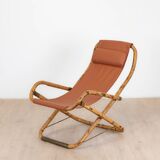 Fauteuil en cuir de salon pliant vintage structure bambou et laiton, Italie, années 1960