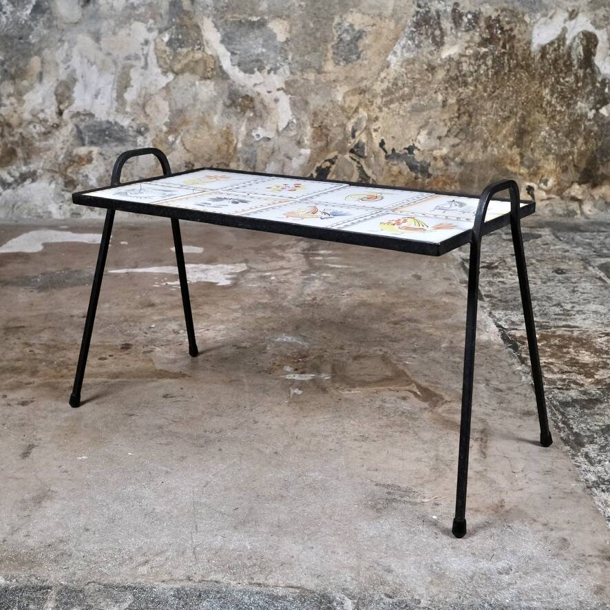 Wrought iron and ceramic side table by Roger Capron, France, 1950s