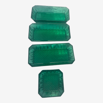 Serviteurs apéritifs, 4 ramequins en verre moulé motif diamant vert vintage