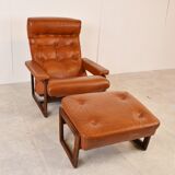 Vintage leather armchair with hocker, 1970s