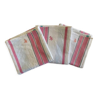 Set of 3 vintage tea towels pink stripes & celadon monogram "SA" 50's - 55x75 cm