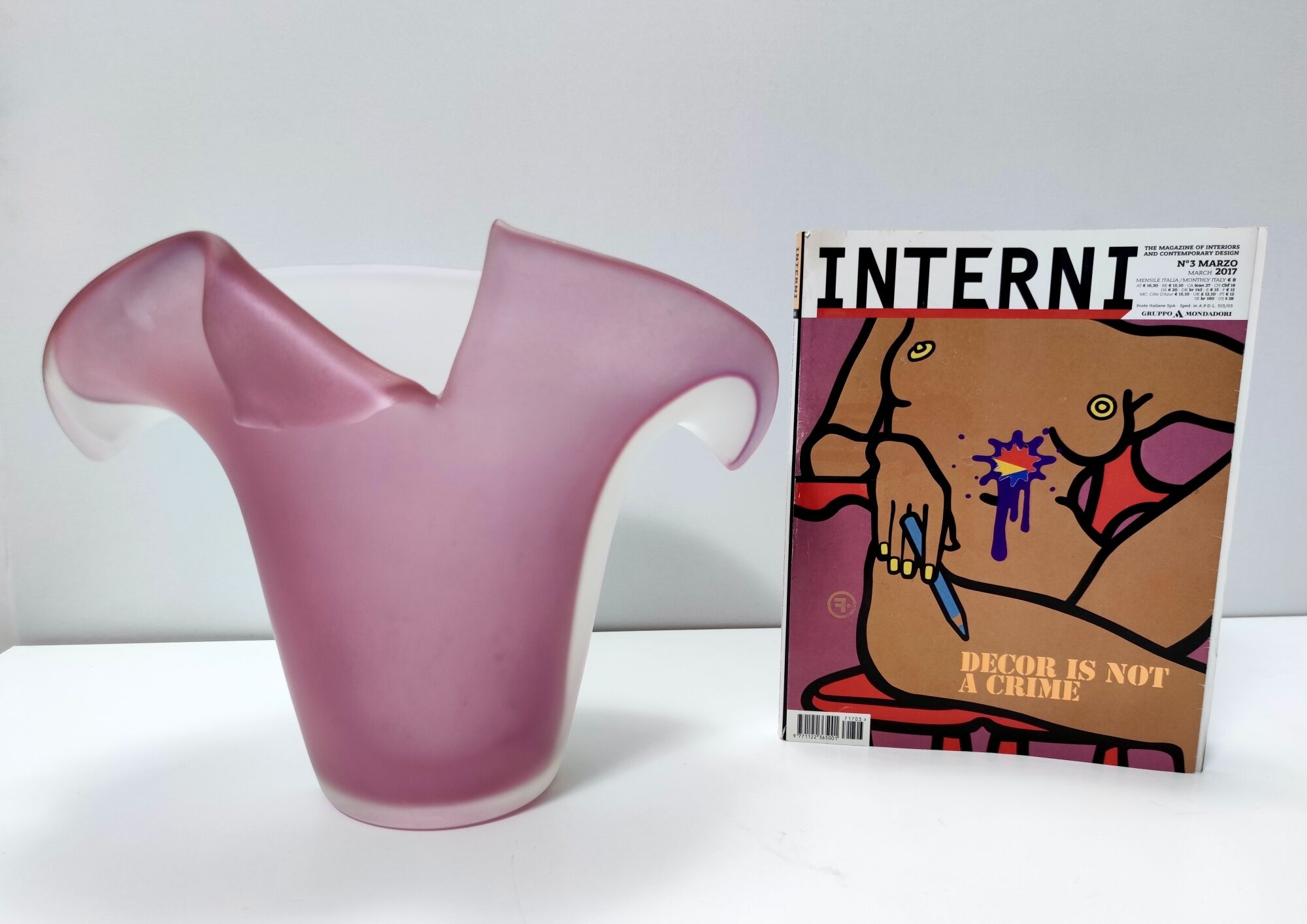 Stunning Double Color White and Pink Etched Murano Glass Vase, Italy, 1980s