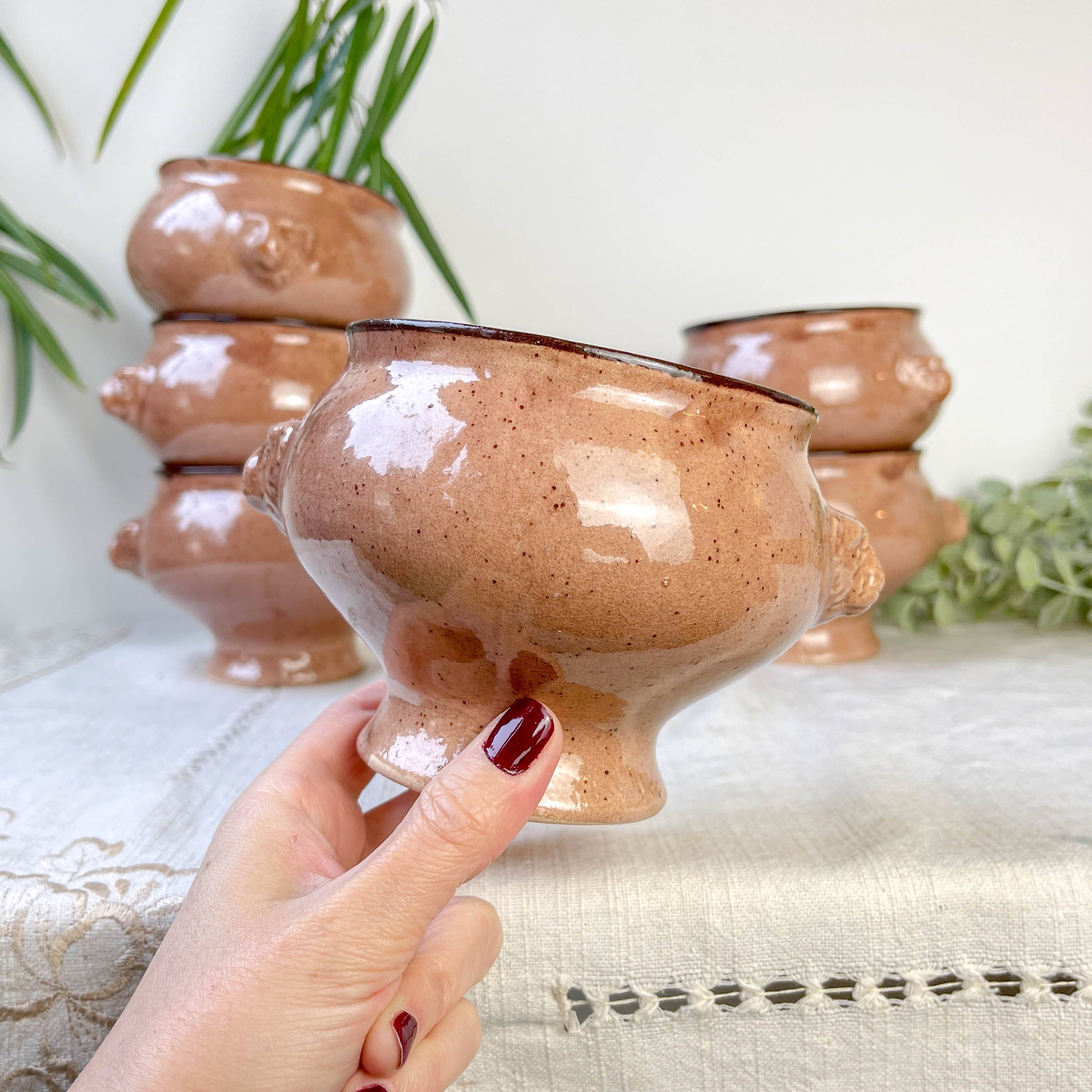 6 Vintage Emile Henry Ceramic Lion Head Onion Soup Bowls