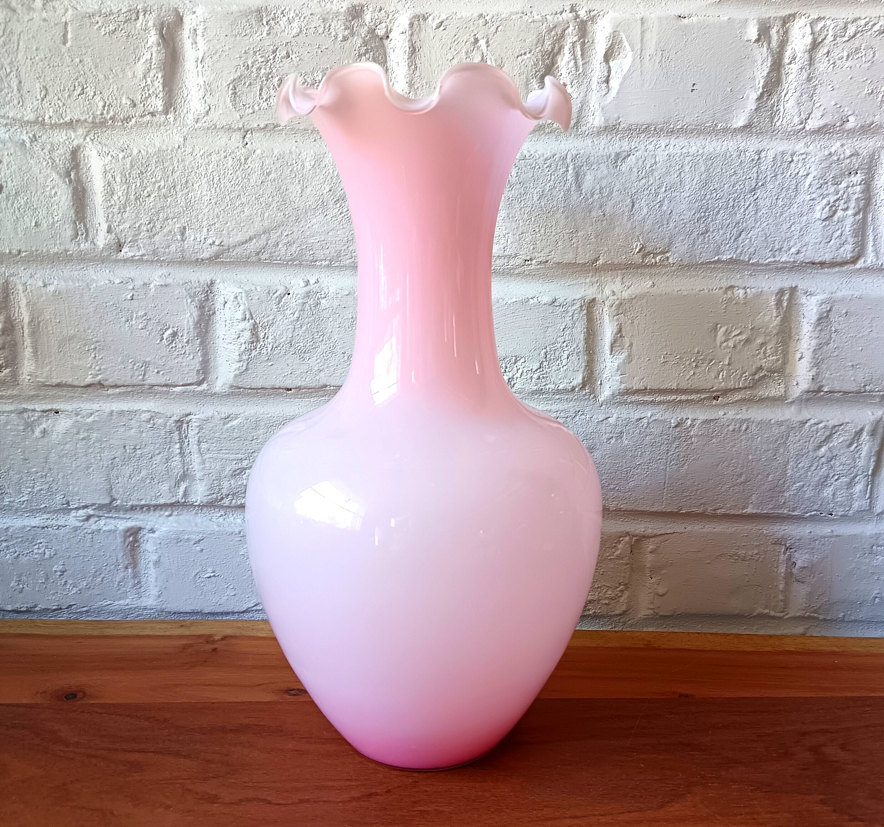 Light pink opaline vase, wavy swan neck.