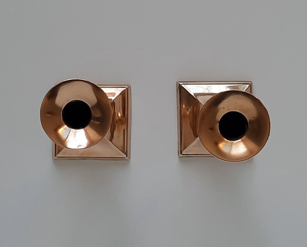 Pair of square foot copper candle holders