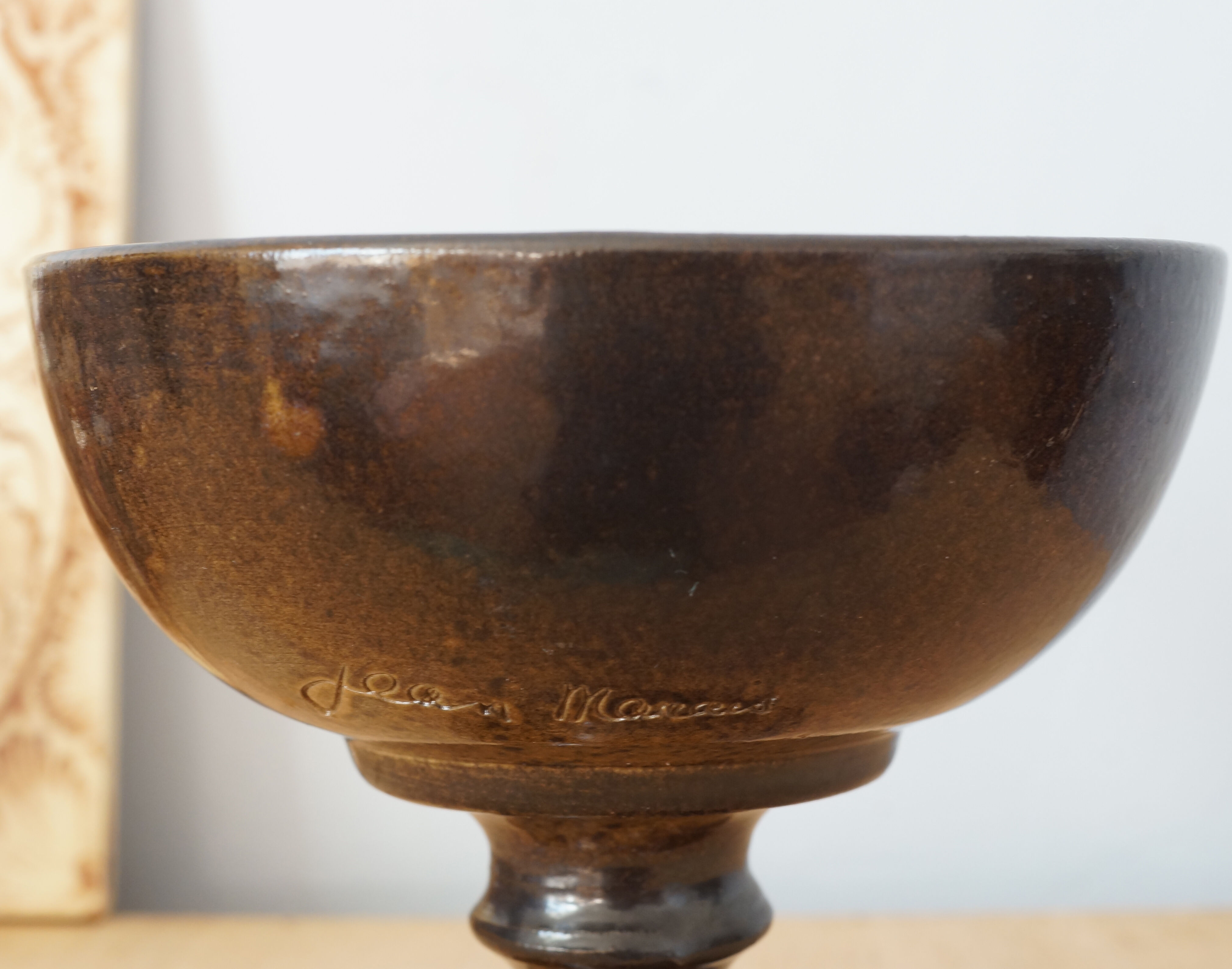 Brown cut on glazed ceramic pedestal signed Jean Marais, 70s
