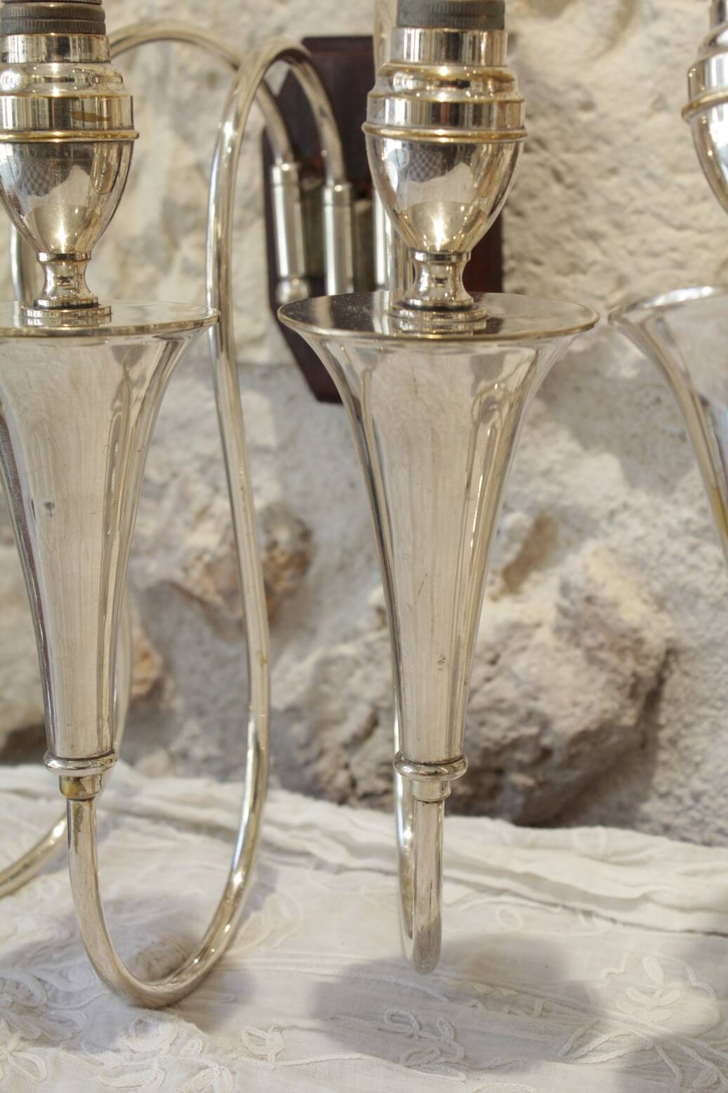 Pair of 3-arm wall lights in silver metal, 1940-1950