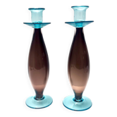 Paire de bougeoirs postmodernes en verre de Murano marron et aigue-marine, Italie
