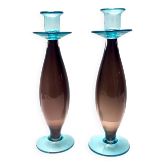 Paire de bougeoirs postmodernes en verre de Murano marron et aigue-marine, Italie