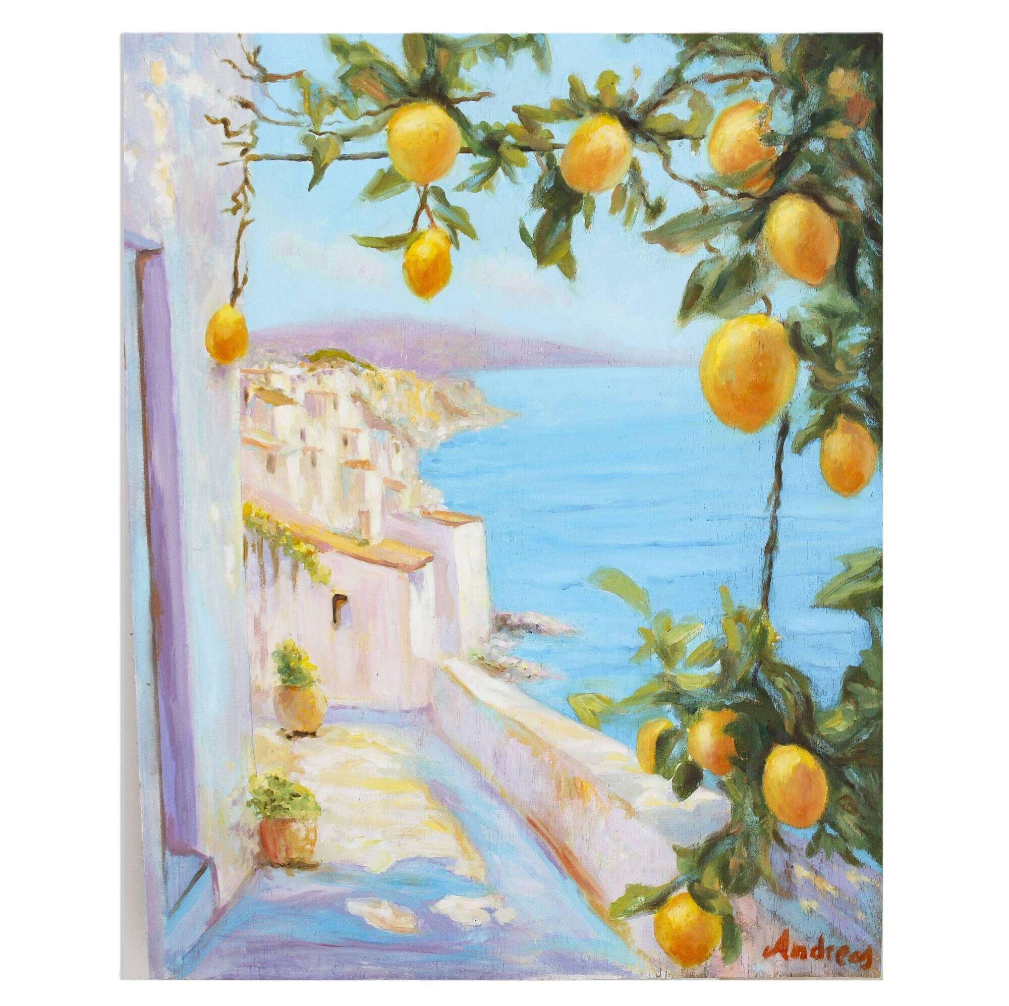 Oil painting of a view of the sea.