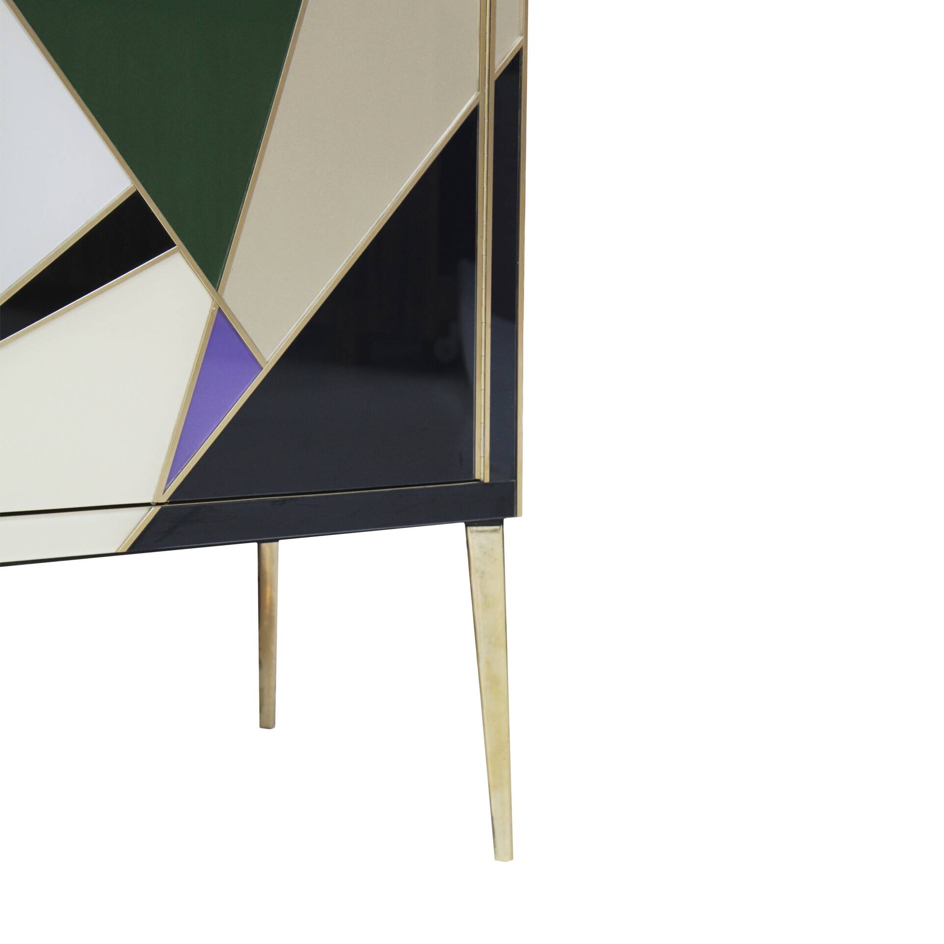 Mid-Century Style Italian Sideboard Made of Wood Brass and Colored Glass