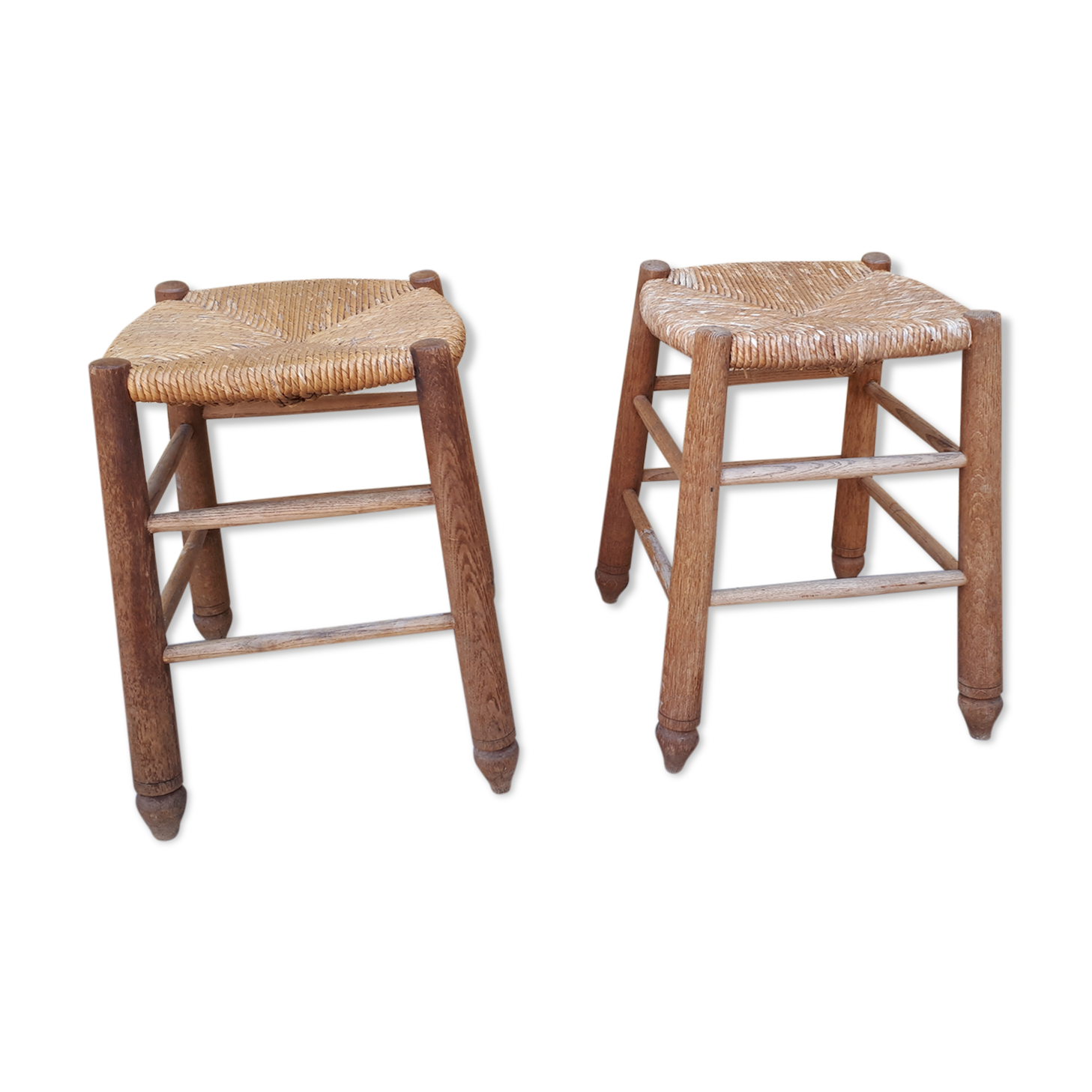 Pair of wooden and straw stools